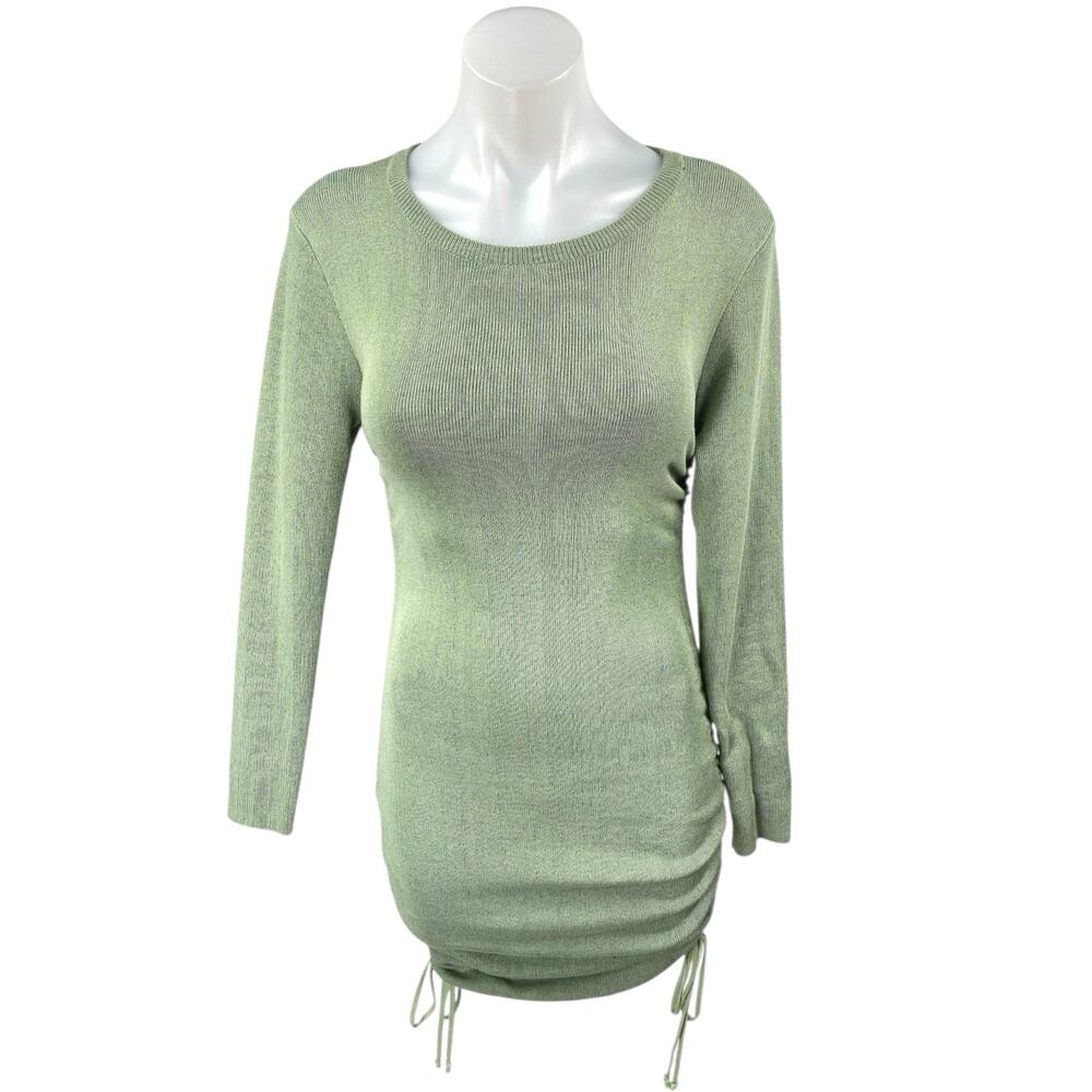 Lioness Green Knit Long Sleeve Ruched Tie Slim Mini Bodycon Sweater Dress Size S